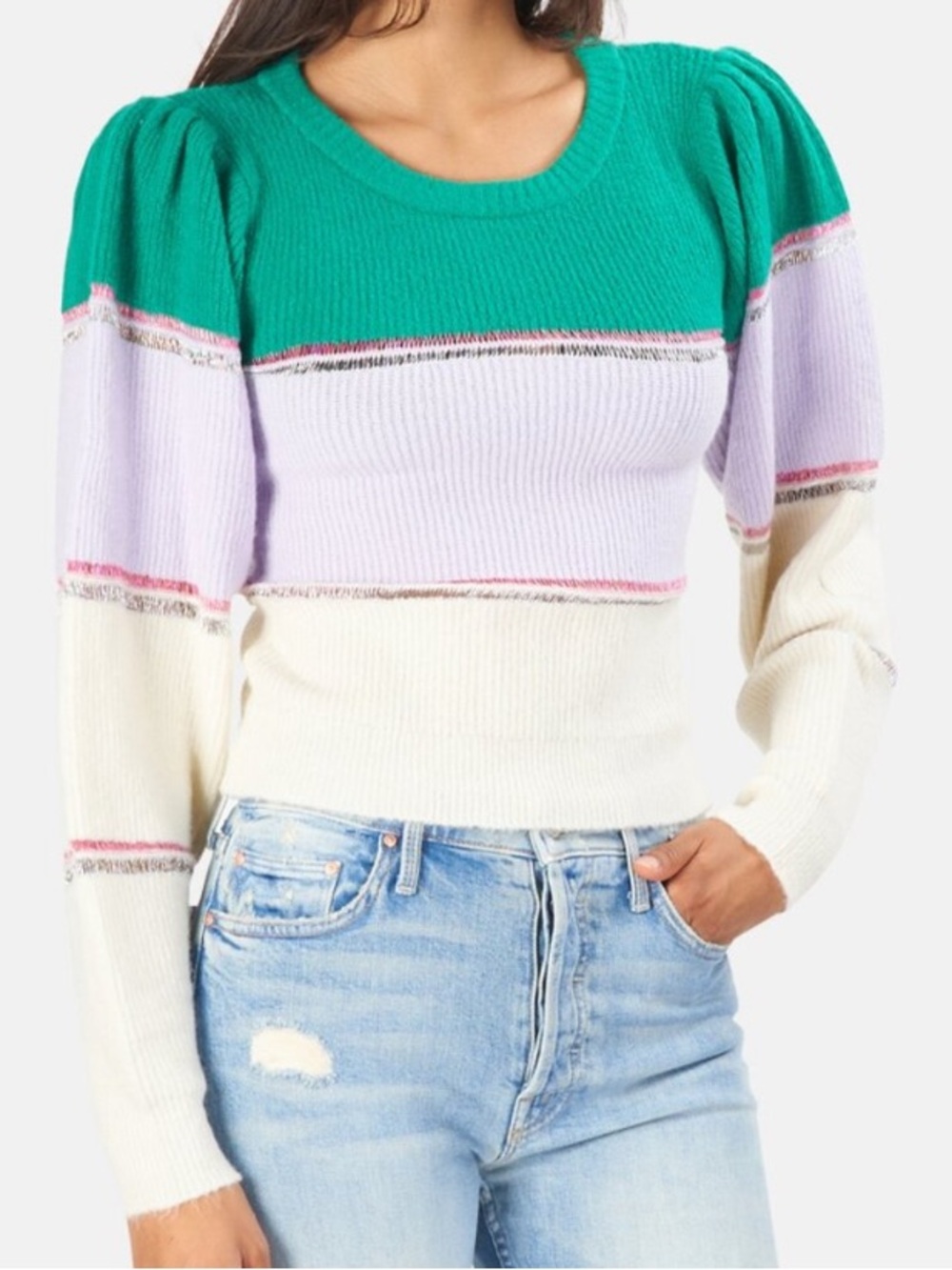 For Love And Lemons Green, Lavender & Cream Striped Crewneck Arielle Sweater Sm